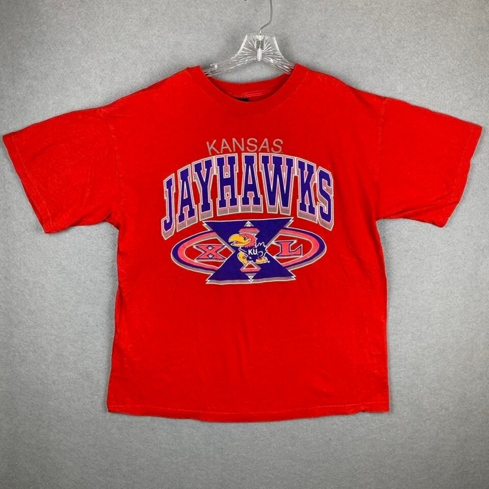 Vintage 90's Kansas Jayhawks Graphic T-Shirt Red Single Stitch Men's Size XL